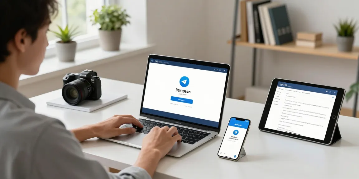Telegram Chinese install guide setup in a tech workspace with devices showing the installation process.