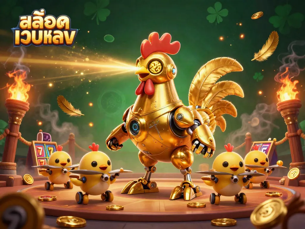 Engage with สล็อตเว็บตรง in an electrifying 3D gaming scene showcasing a golden rooster robot and dynamic casino elements.
