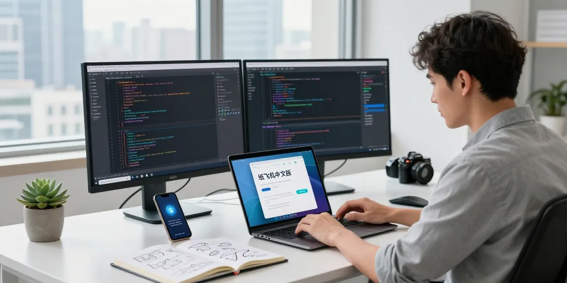 Dynamic workspace featuring a professional engaging with the 纸飞机中文版 app on laptop, showcasing a modern tech environment.