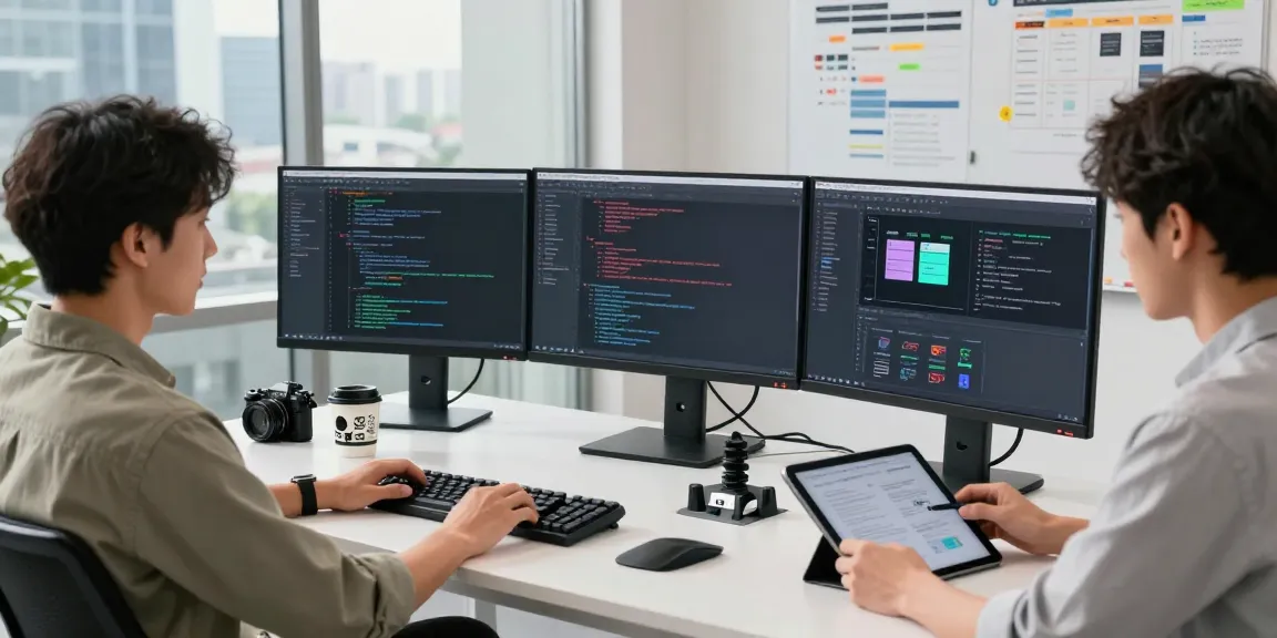 Software development workspace at telegraimin.com with monitors displaying code and UI designs, promoting technology collaboration.