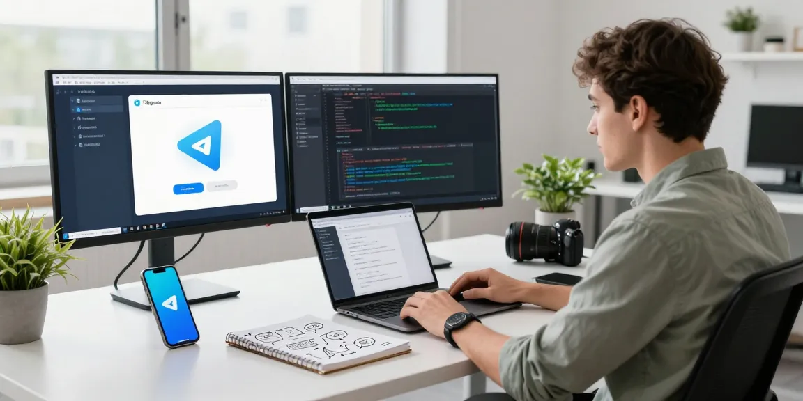 Workspace for telegramin-cn.com users with developer setup showcasing Telegram interface and tools