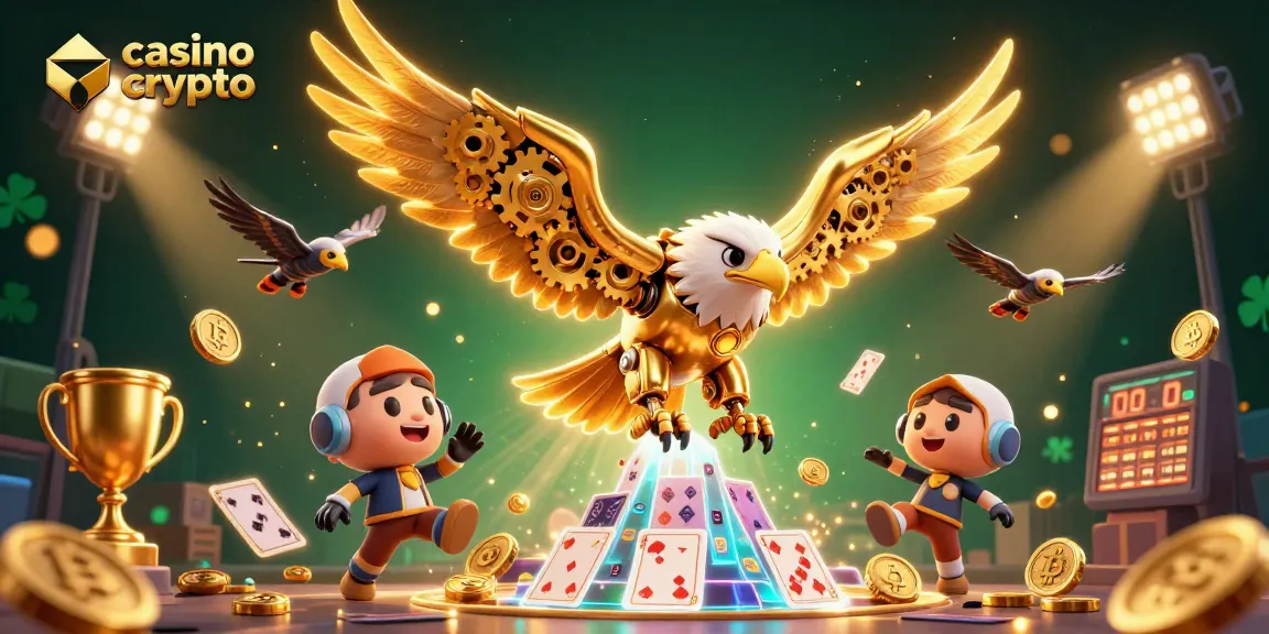 Jouez sur un casino crypto avec des pièces de Bitcoin et Ethereum dans une illustration de casino animée.