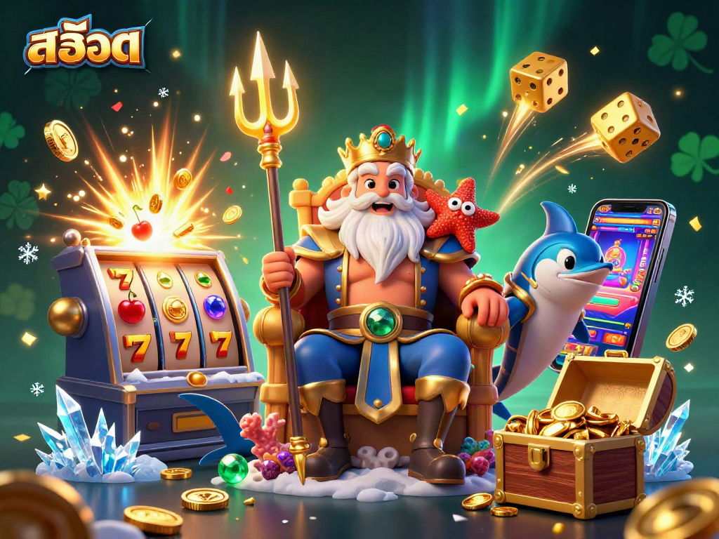 สล็อต slots scene featuring Neptune, samurai, and jackpot symbols bursting with excitement.