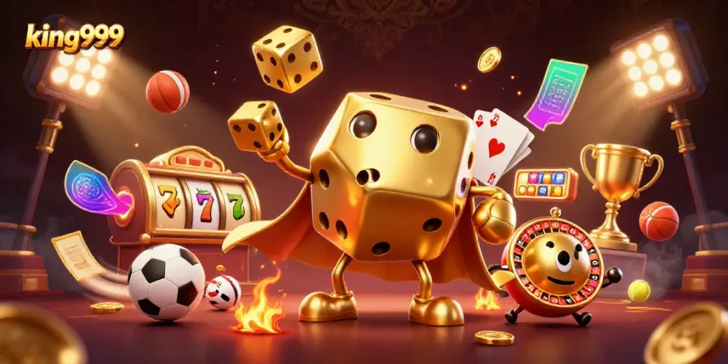 Slot dan taruhan olahraga 3D dengan king999, dadu emas, dan simbol jackpot.