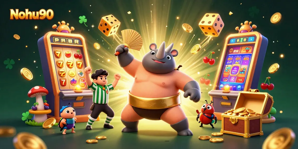 Nohu90 offers exciting gaming experiences with playful 3D characters celebrating jackpot wins, set in a lively casino atmosphere.