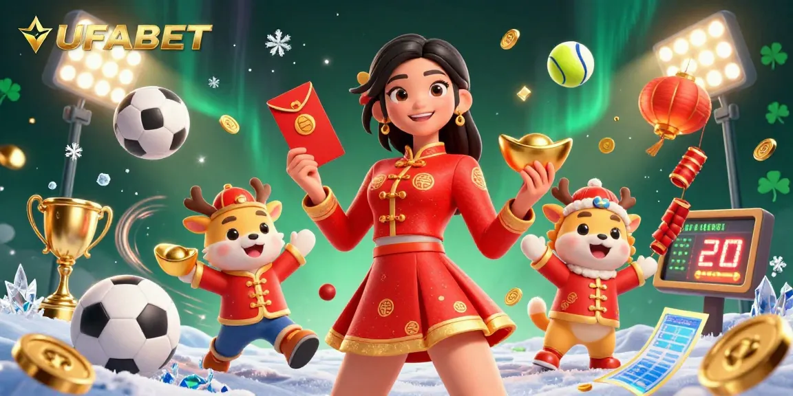 Win at UFABET with a vibrant scene of an Asian woman celebrating with gold coins and sports elements.