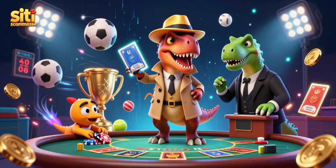 I siti scommesse mostrano un velociraptor che conta le carte e un pit boss stegosaurus al tavolo.