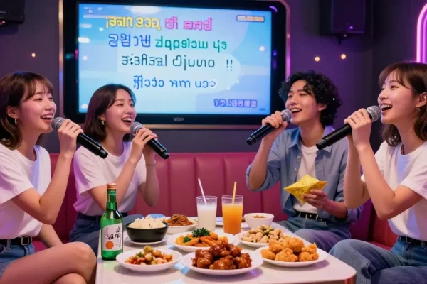 Group enjoying 강남노래방 in vibrant karaoke room with food and drinks.