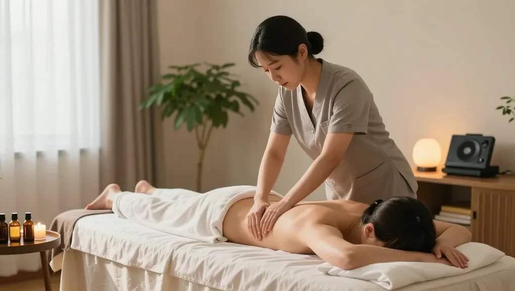 Serene home wellness atmosphere with专业 성남출장마사지, professional massage therapist providing a soothing treatment in a calming space.