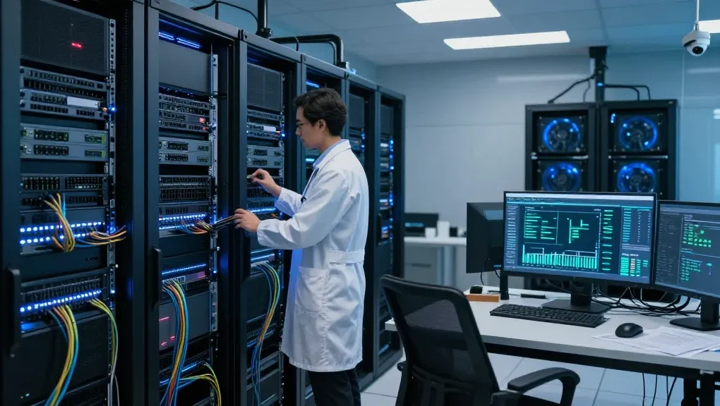 Enhanced rokok88 daftar with high-performance server infrastructure in a modern data center, showcasing reliable technology.
