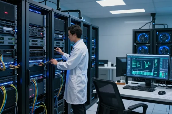 Enhanced rokok88 daftar with high-performance server infrastructure in a modern data center, showcasing reliable technology.