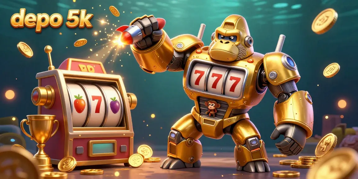 Experience the thrill of depo 5k with an exciting golden gorilla mech amidst dynamic slot game elements.