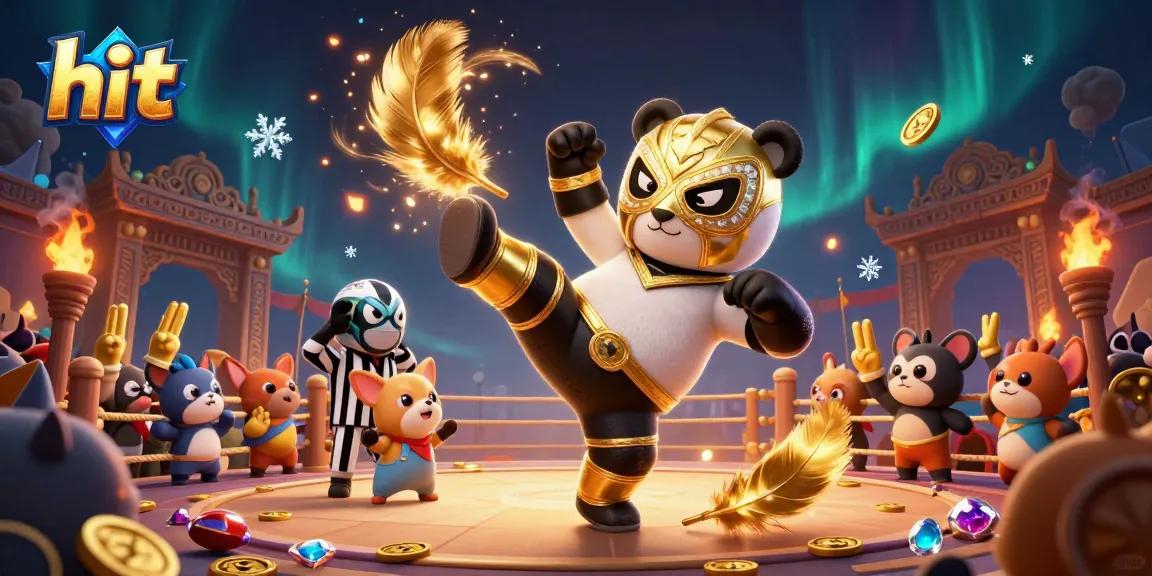 Hit the jackpot with a dynamic scene of a panda in a flying kick, surrounded by cheering animals and golden coins.