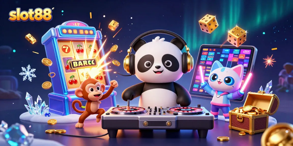 Permainan menarik slot88 dengan kartun panda DJ, monyet menari, dan anak kucing bersenjata glow-stick dalam suasana kasino yang meriah.