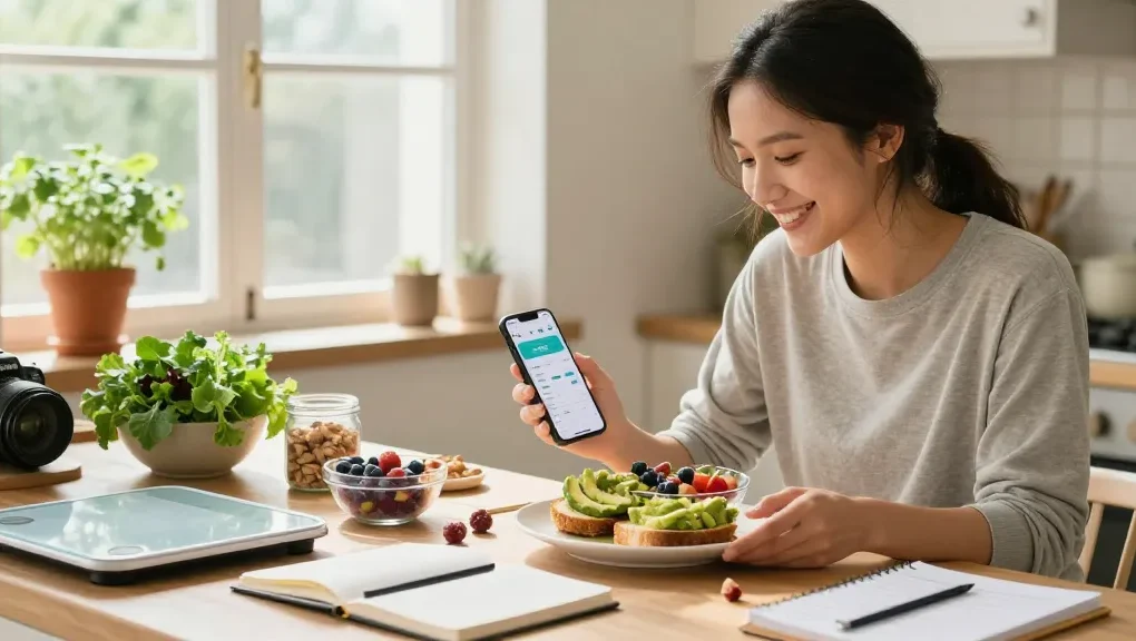 Tracking a healthy meal with the best AI calorie tracker in a bright kitchen.