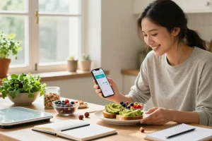 Tracking a healthy meal with the best AI calorie tracker in a bright kitchen.
