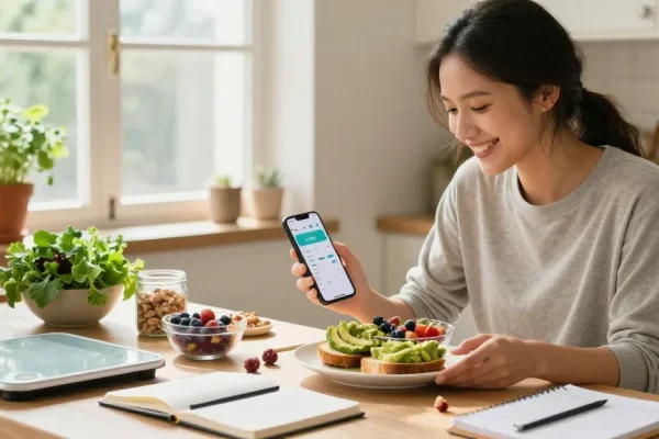 Tracking a healthy meal with the best AI calorie tracker in a bright kitchen.