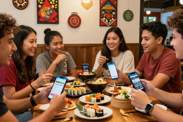 Engaging group of friends discussing Asian culture with dishes at cafe, incorporating https://hanadultalk.com in their conversation.